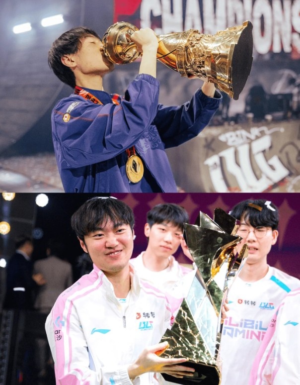 LOL官推分享Bin和Knight两次捧杯照：先锋赛和MSI双料冠军